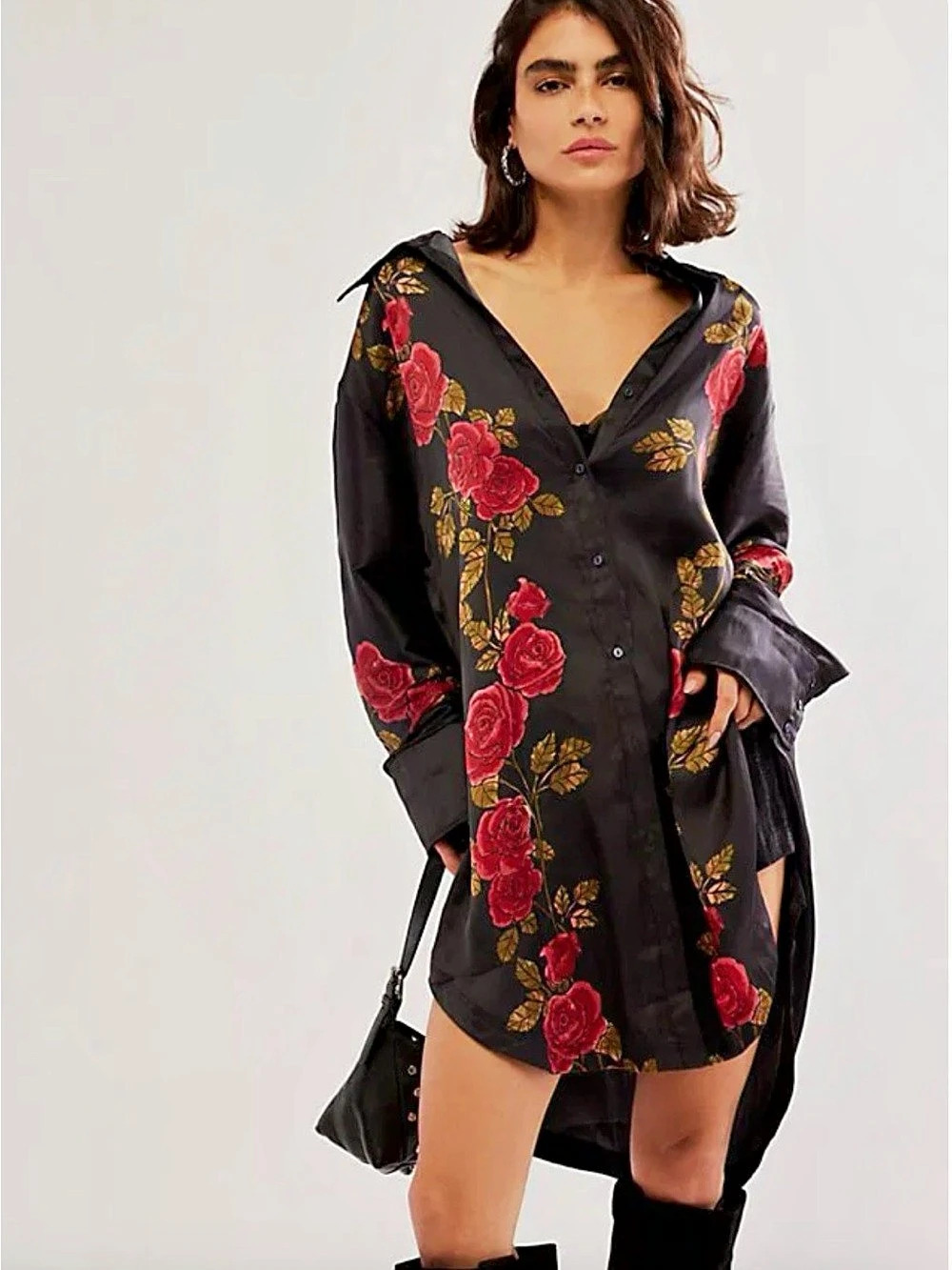 SZ XL Free People Off The Vine Button-Down Tunic Floral Top Black & Red